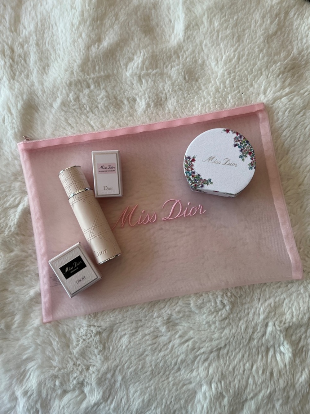 Dior Miss Dior pink mesh pouch, refillable travel spray and deluxe samples
